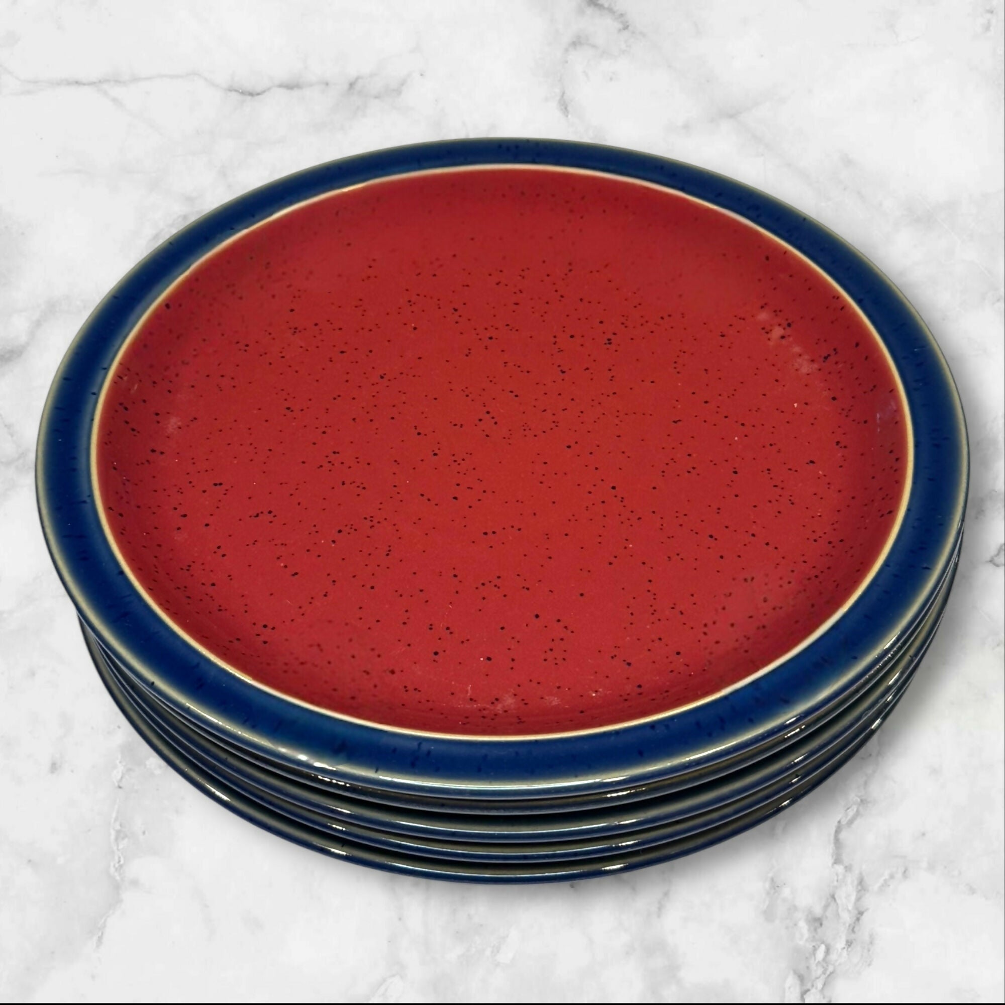 Denby-Langley Harlequin Red Blue Stoneware Salad Plates | Set of 5 | Great Condition
