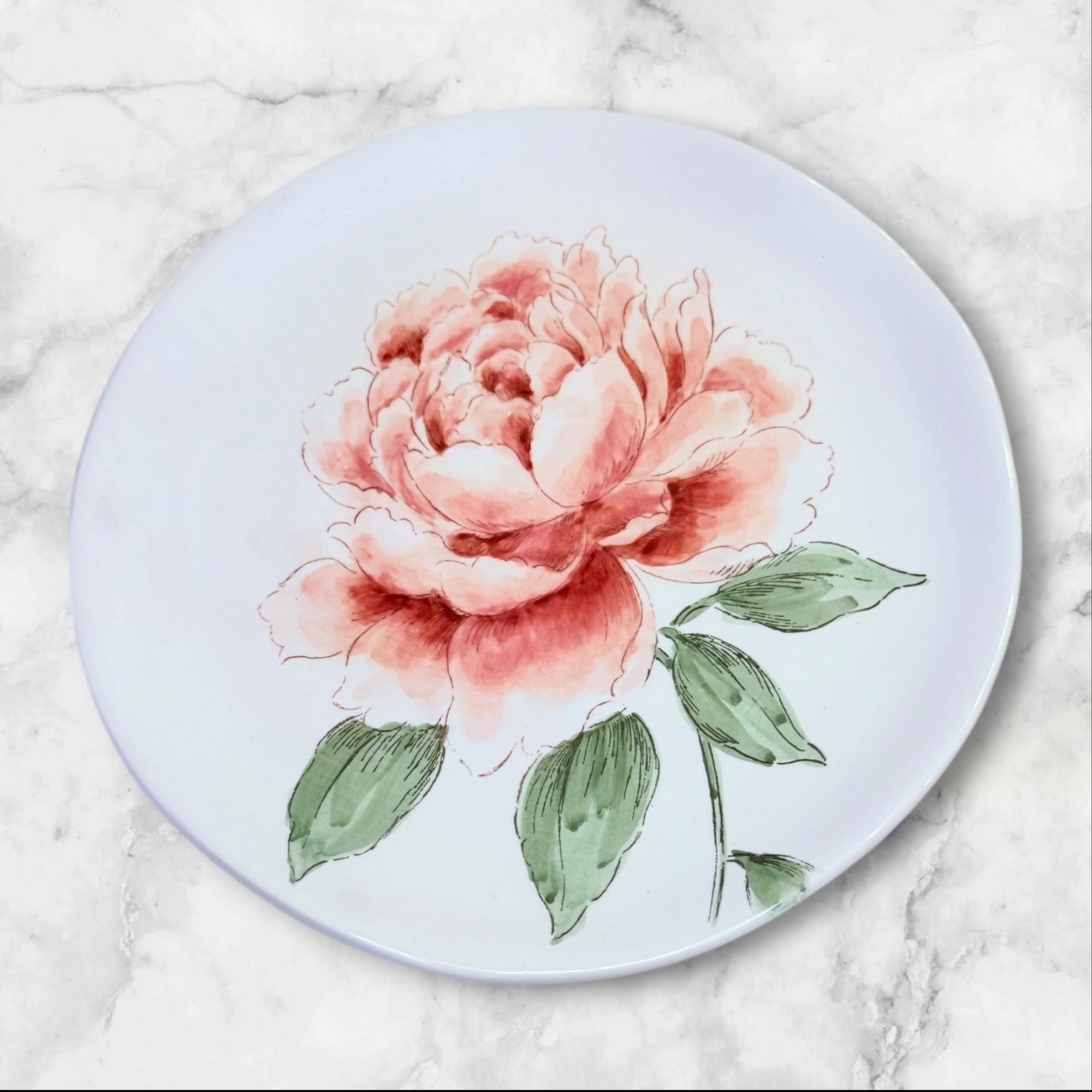 Pink Peony Floral Salad Plates | Set of 4 | Botanical Stoneware | Excellent Condition