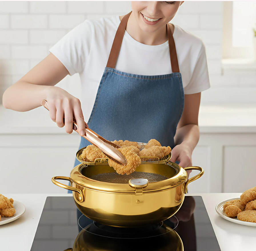 Frying Pan Gold Stainless Steel Thermometer Kitchen Utensils Tempura Fryer Pan Temperature Control Fried Cooking Tools