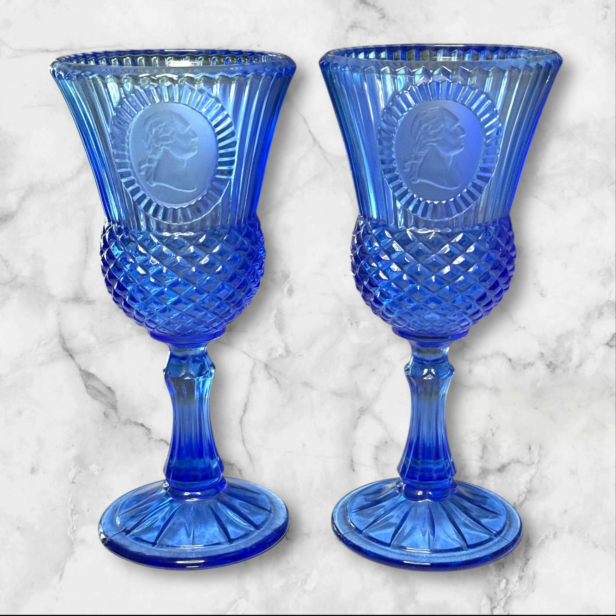 Avon George Washington Blue Glass Water Goblets | Set of 2 | Excellent Condition