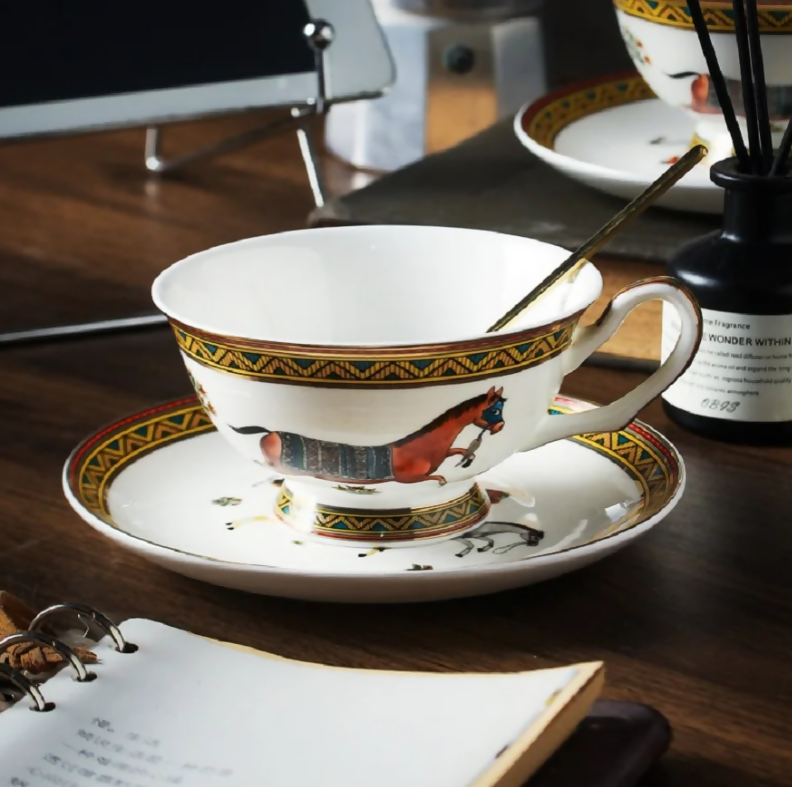 Anygleam Tea Cup White With Saucer Gold Spoon Running Horse Design Vintage Drinkware