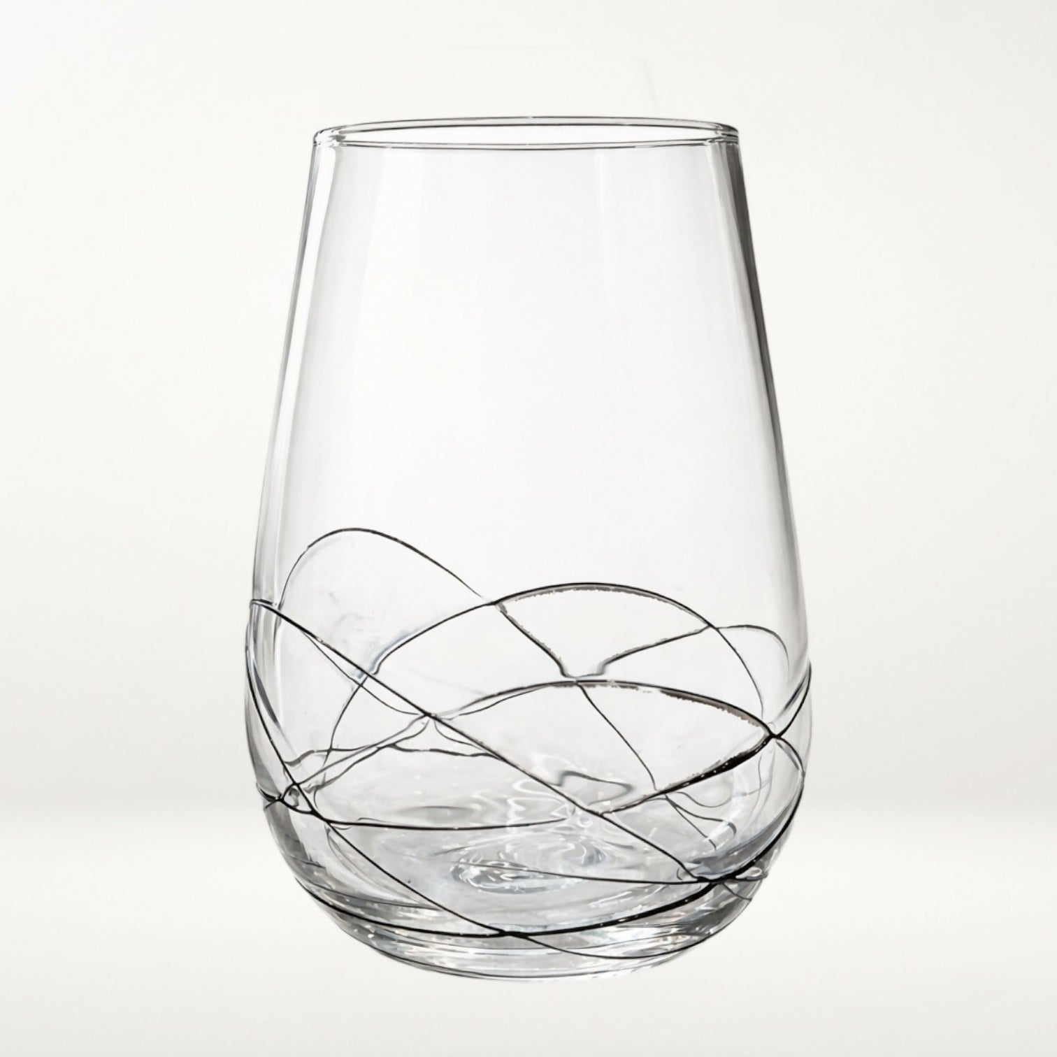 Modern Clear Stemless Wine Glasses with Black Swirl | Set of 2 | Excellent Condition