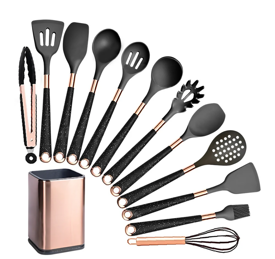 Anygleam Kitchen Utensils Non-stick Black 12 Set Gold Plated Handle with Support Point and Storage Box Cooking Tool Accessories Heat Resistant Kitchenware