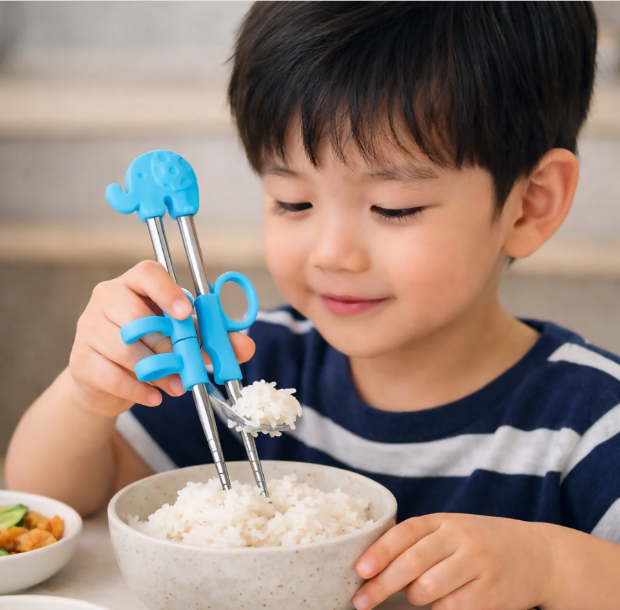 Anygleam Blue Silver Elephant Chopsticks – 1 Pair | Reusable Stainless Steel Cartoon Kids Utensils