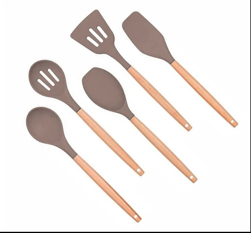 Anygleam Kitchen Utensils 5 Set Khaki Natural Beech Wooden Handle Cookware Tool Heat Resistant Non Stick Accessories
