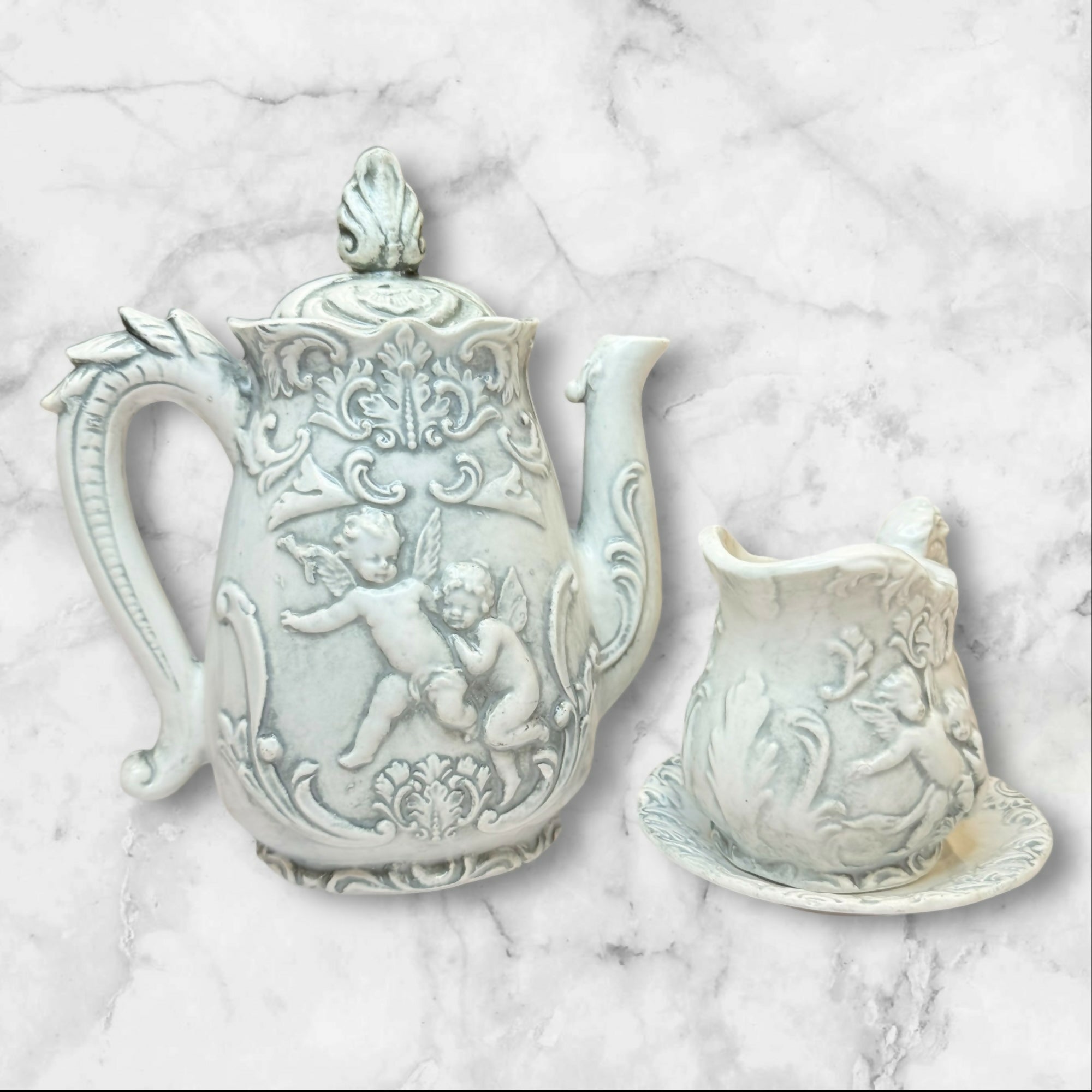 Rossini Japan Cherub Teapot Creamer Set | Gray Glaze | Excellent Vintage