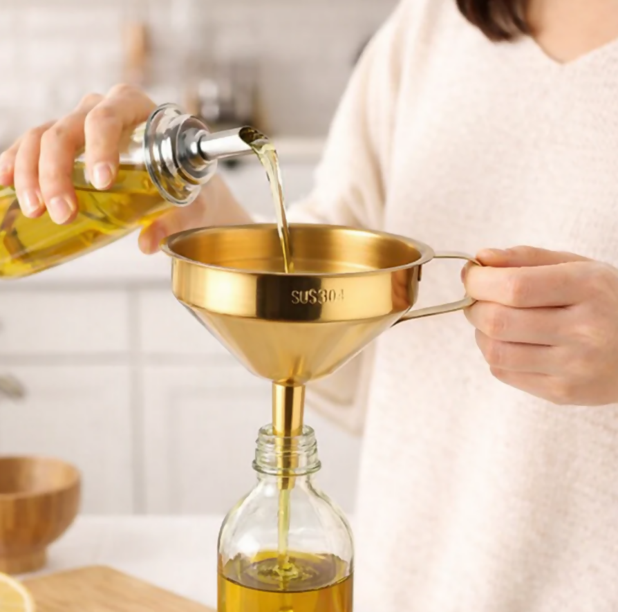 Anygleam Stainless Steel Funnel with Detachable Strainer –1 Pc Gold Wide Cone Mouth for Small Jars, Silver Kitchen Utensil