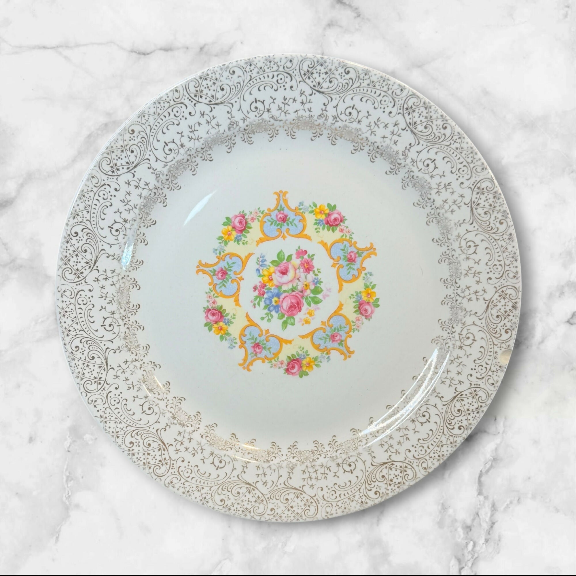 Union Made 22K Gold Floral Dinner Plates | Set of 4 | Vintage Condition