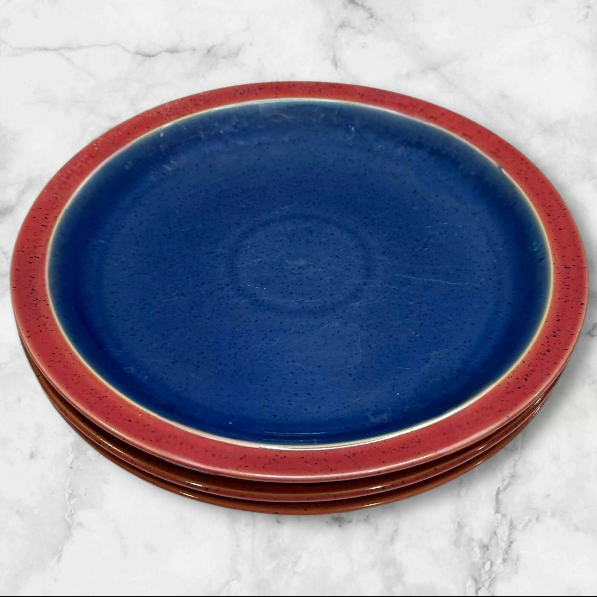 Denby Harlequin Blue Red Dinner Plates | Set of 3 | Good Condition