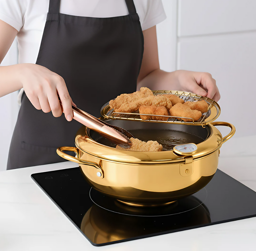 Frying Pan Gold Stainless Steel Thermometer Kitchen Utensils Tempura Fryer Pan Temperature Control Fried Cooking Tools