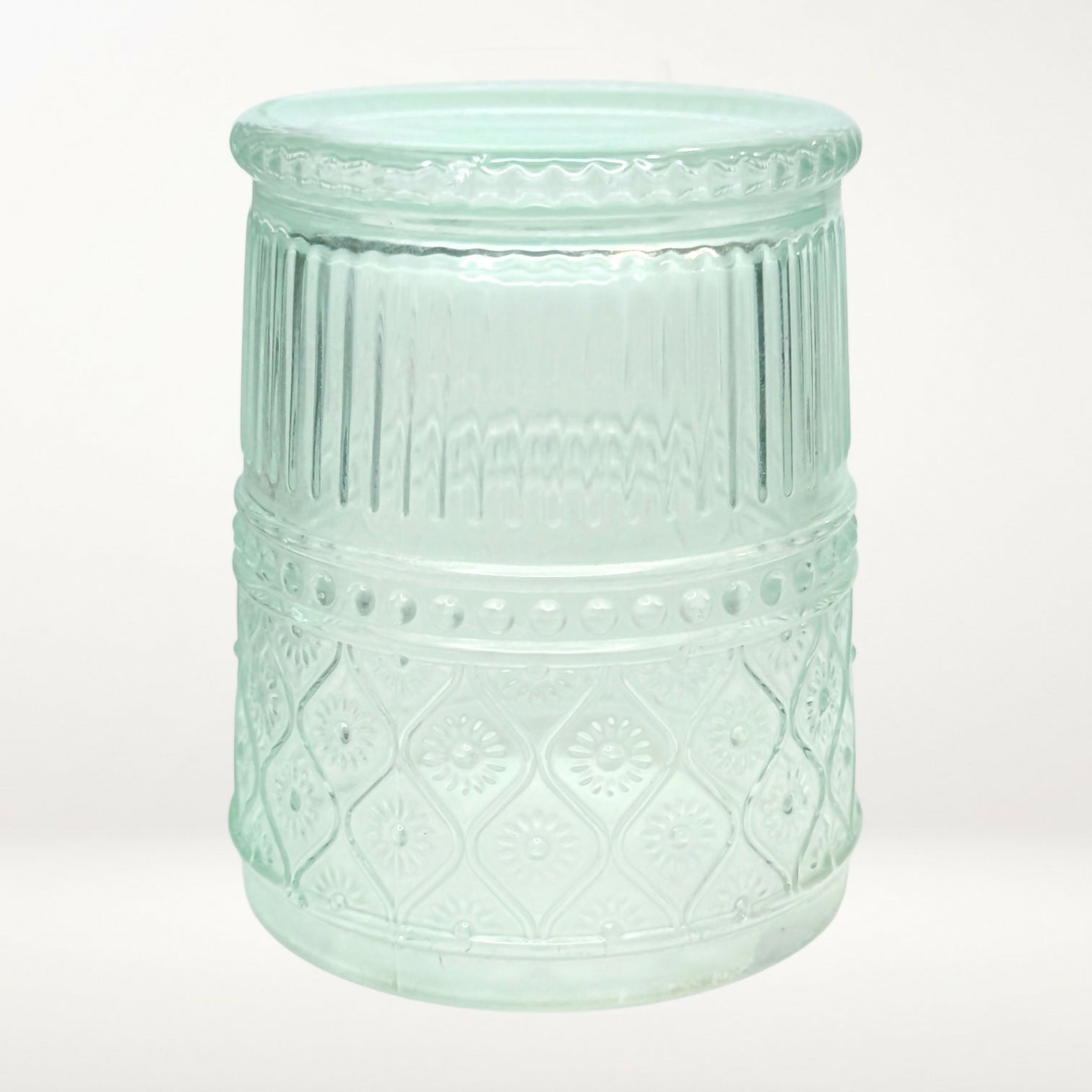 Aqua Embossed Glass Tumblers Set of 4 Vintage Style Drinking Glasses 4”