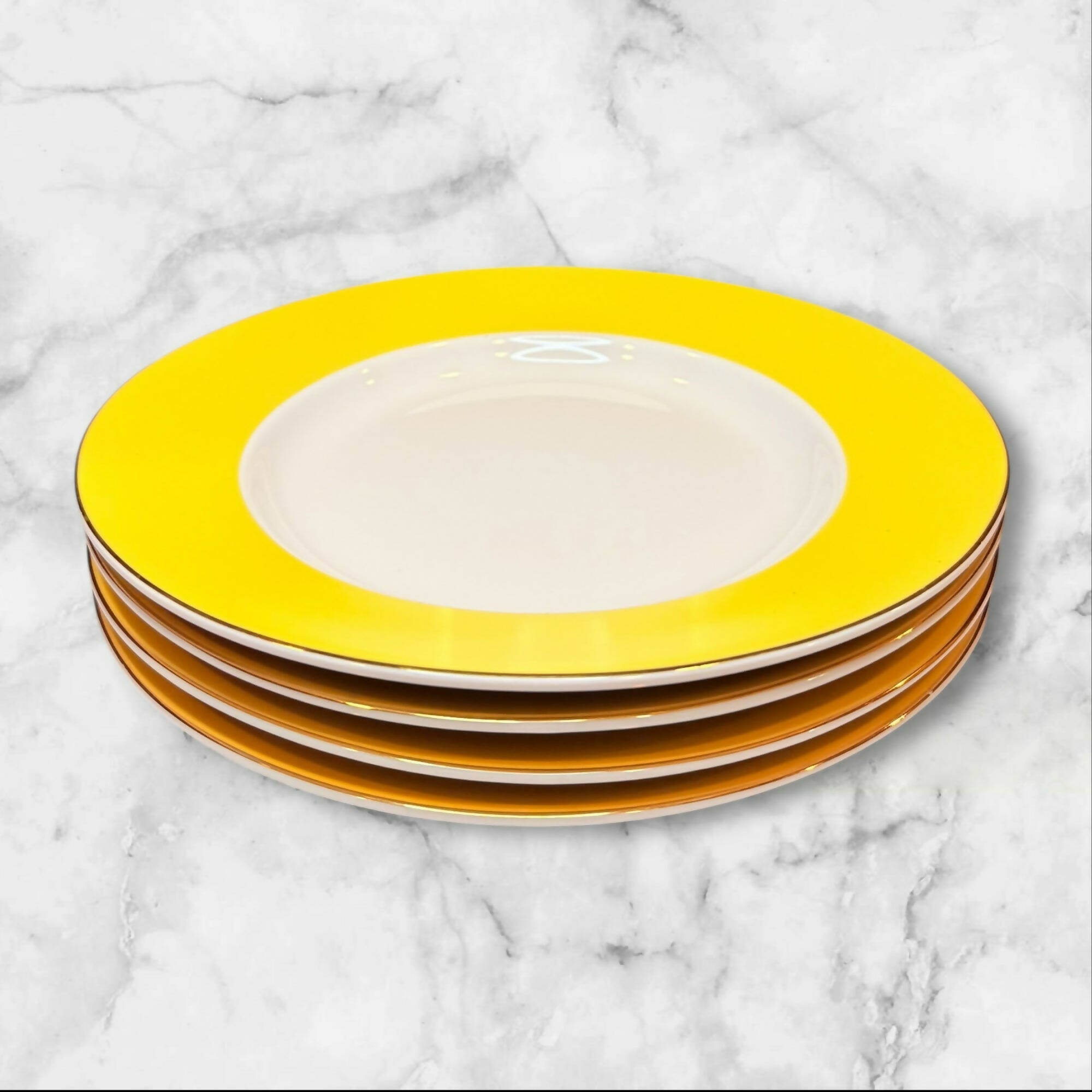 Pottery Barn Great White Yellow Gold Rim Dinner Plates | Set of 4 | Excellent