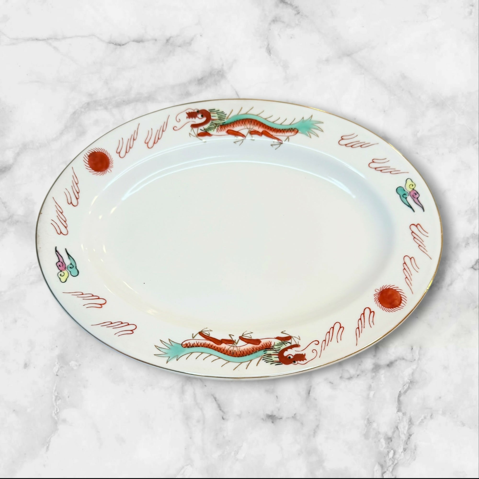 Vintage Red Dragon Oval Dinner Plates Set of 4 | Chinese Restaurant Ware | Exc