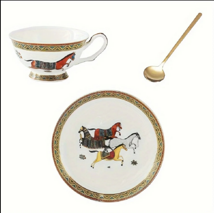 Anygleam Tea Cup White With Saucer Gold Spoon Running Horse Design Vintage Drinkware