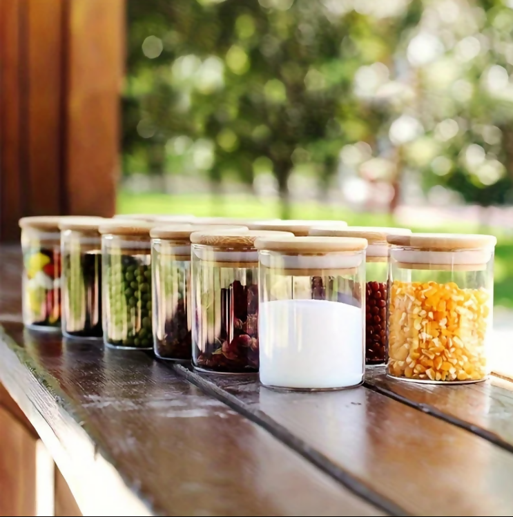 Anygleam Condiments Container 12Pcs Glass Jar Storage With Airtight Wooden Lids Canister