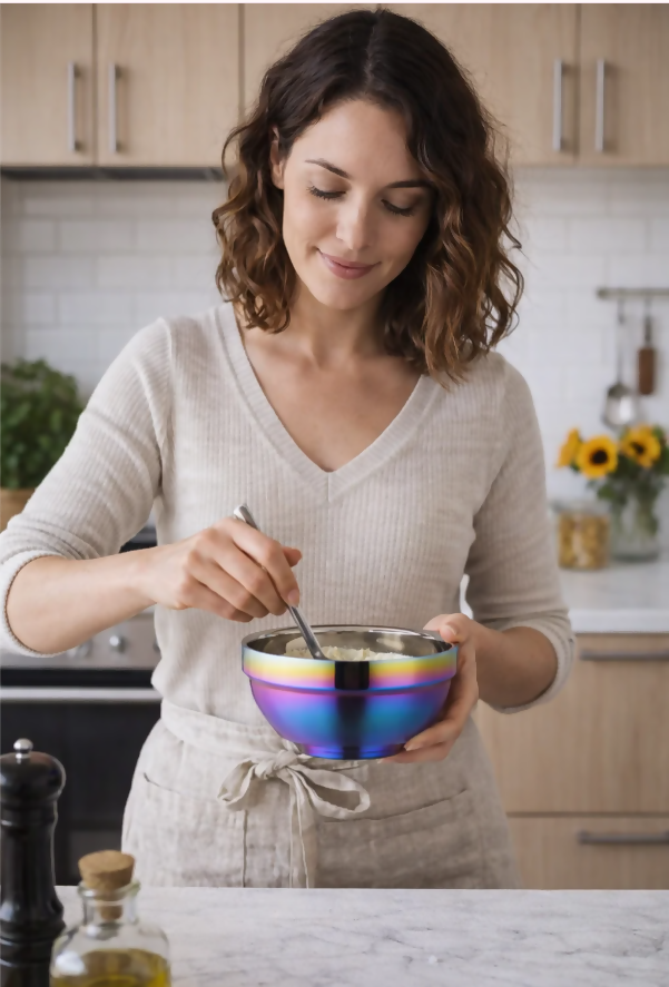 Anygleam Pink Rainbow Rice Bowls – 5Pcs Big Stainless Steel, Single-Layer Anti-Scalding Cooking Utensils