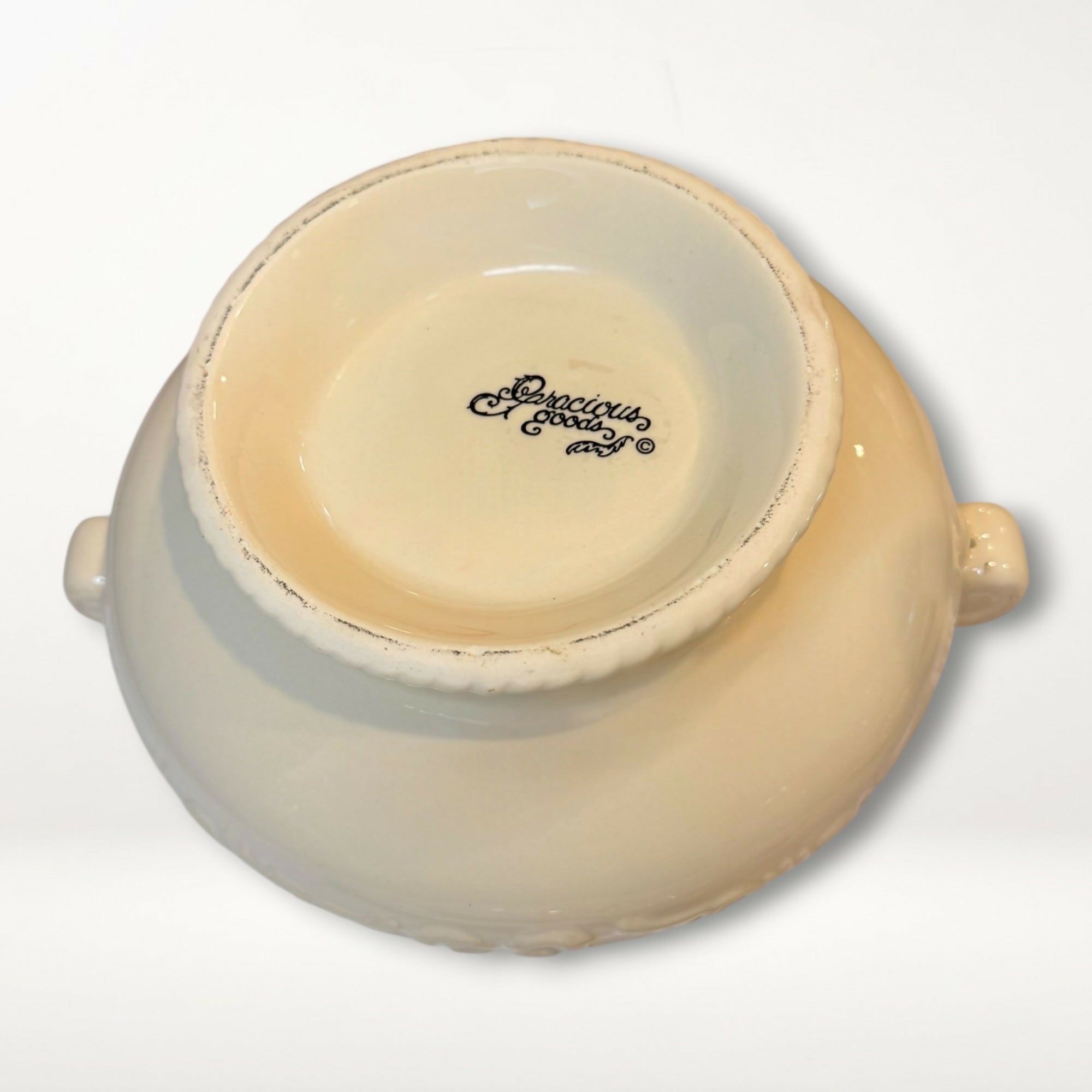 Gracious Goods Cream Embossed Soup Tureen w Lid & Ladle | Excellent Condition