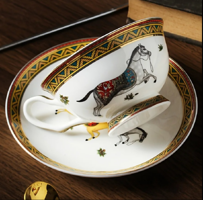 Anygleam Tea Cup White With Saucer Gold Spoon Running Horse Design Vintage Drinkware