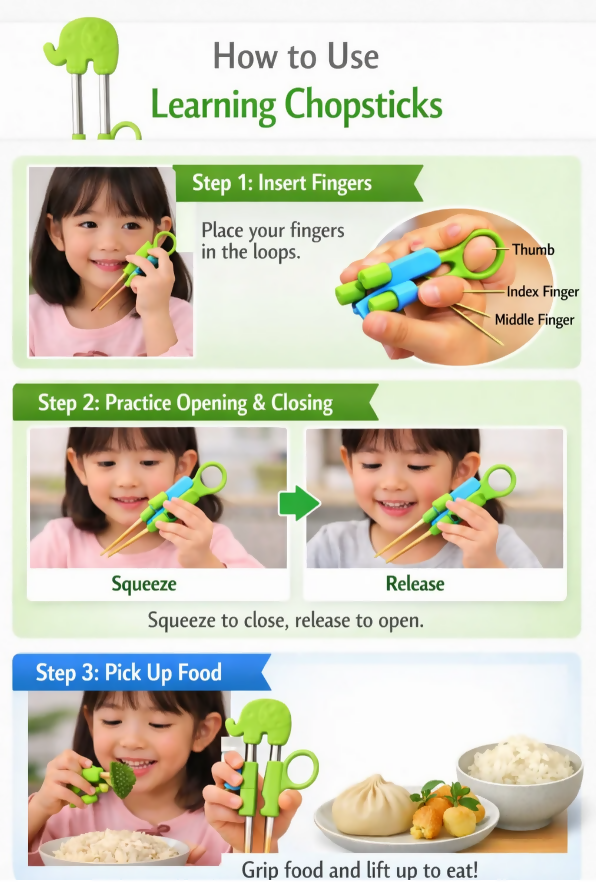 Anygleam Green Silver Elephant Chopsticks – 1 Pair | Reusable Stainless Steel Cartoon Kids Utensils