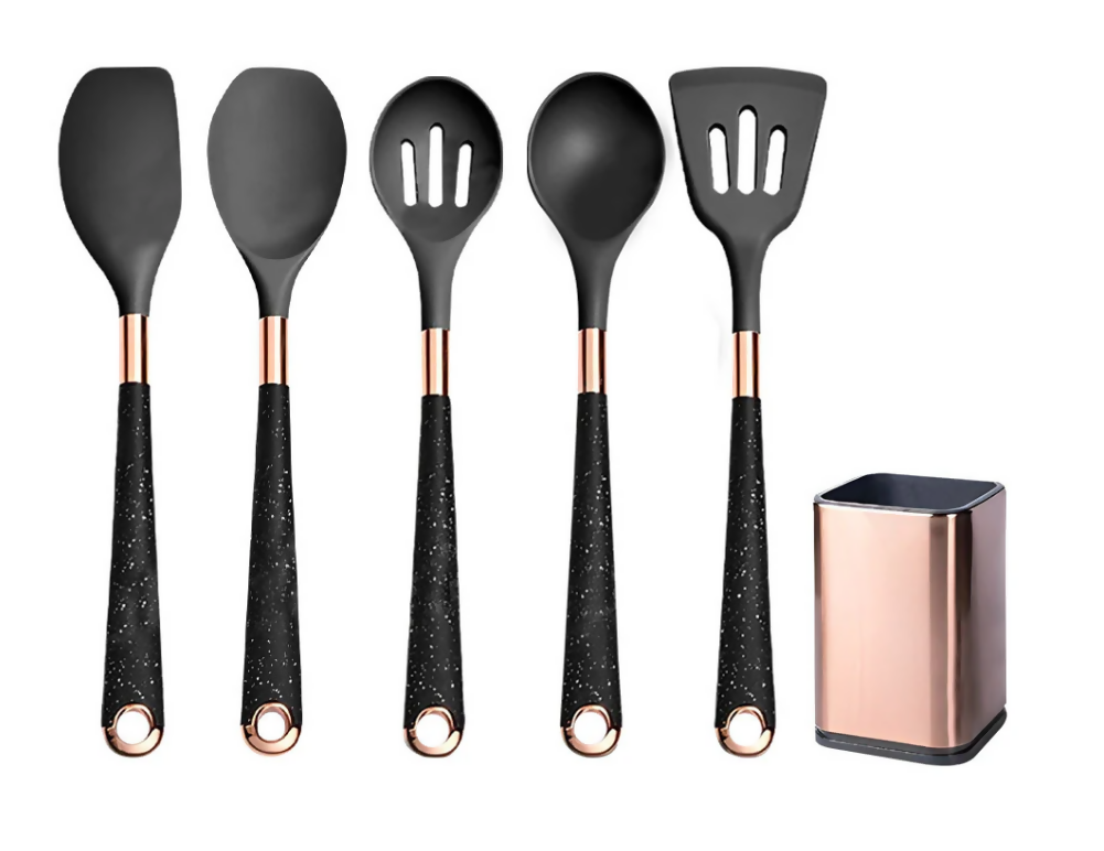 Anygleam Kitchen Utensils Non-stick Black 5 Set Gold Plated Handle with Support Point and Storage Box Cooking Tool Accessories Heat Resistant Kitchenware