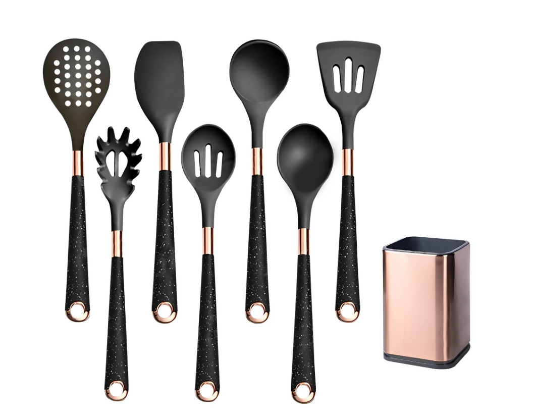 Anygleam Kitchen Utensils Non-stick Black 7 Set Gold Plated Handle with Support Point and Storage Box Cooking Tool Accessories Heat Resistant Kitchenware