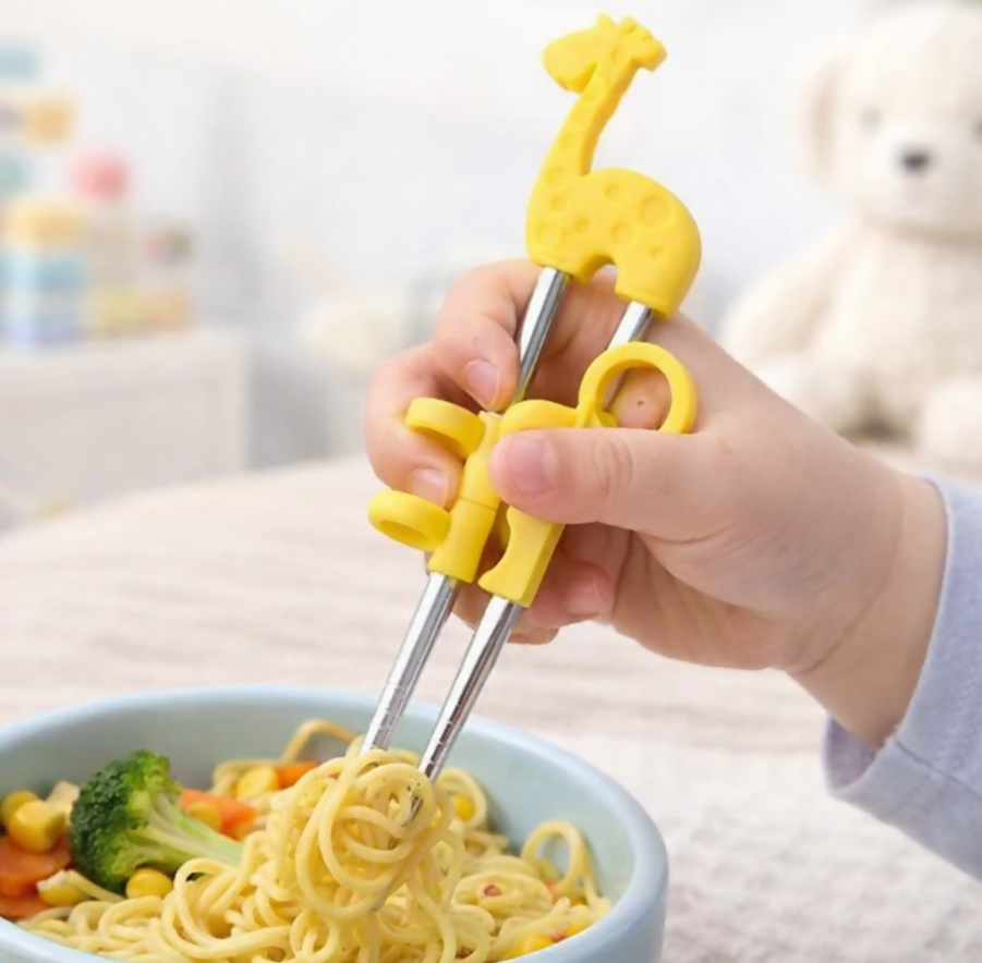 Anygleam Yellow Silver Giraffe Chopsticks – 1 Pair | Reusable Stainless Steel Cartoon Kids Utensils