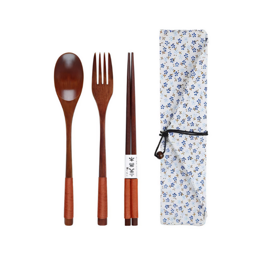Anygleam 3pcs Orange White Pouch Set – Wooden Cutlery Travel Kit