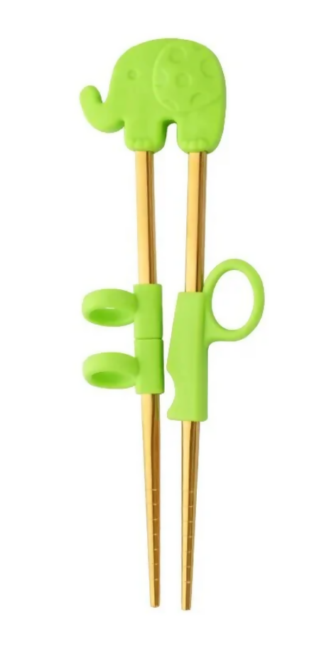 Anygleam Green Gold Elephant Chopsticks – 1 Pair | Reusable Stainless Steel Cartoon Kids Utensils