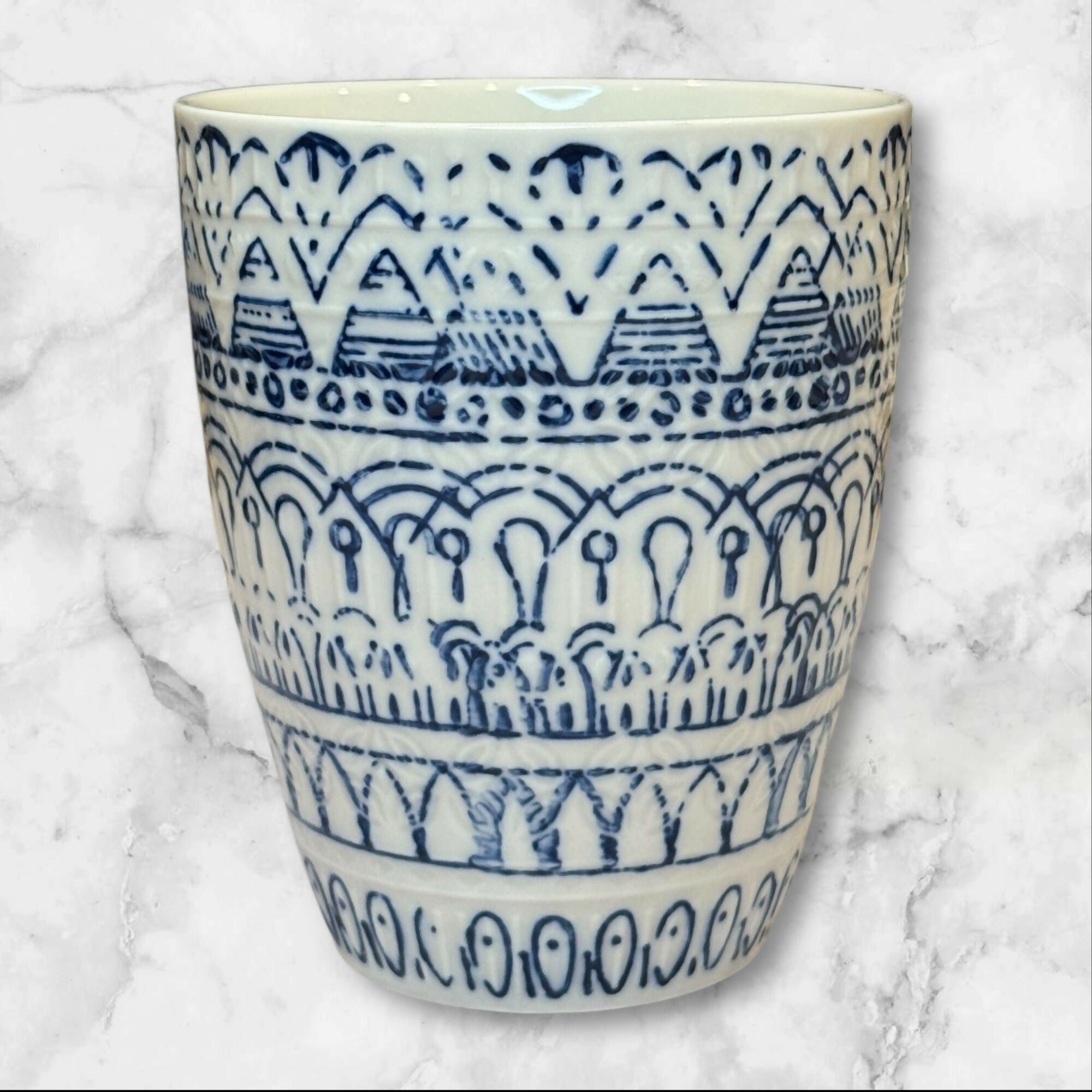 Pier 1 Embossed Blue & White Porcelain Mugs | Set of 2 | Excellent Condition