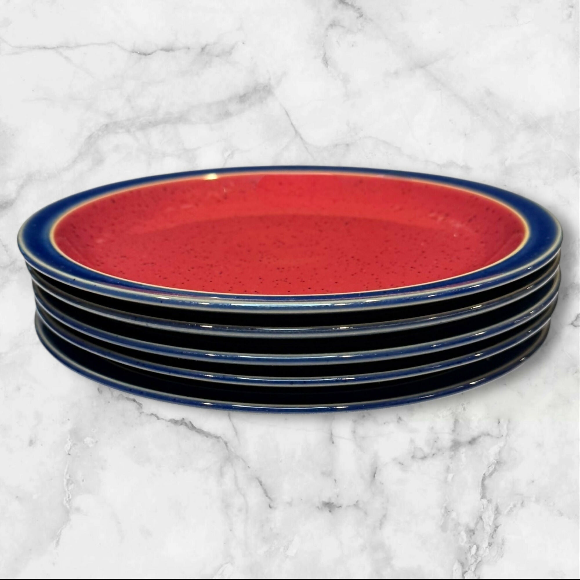 Denby-Langley Harlequin Red Blue Stoneware Salad Plates | Set of 5 | Great Condition
