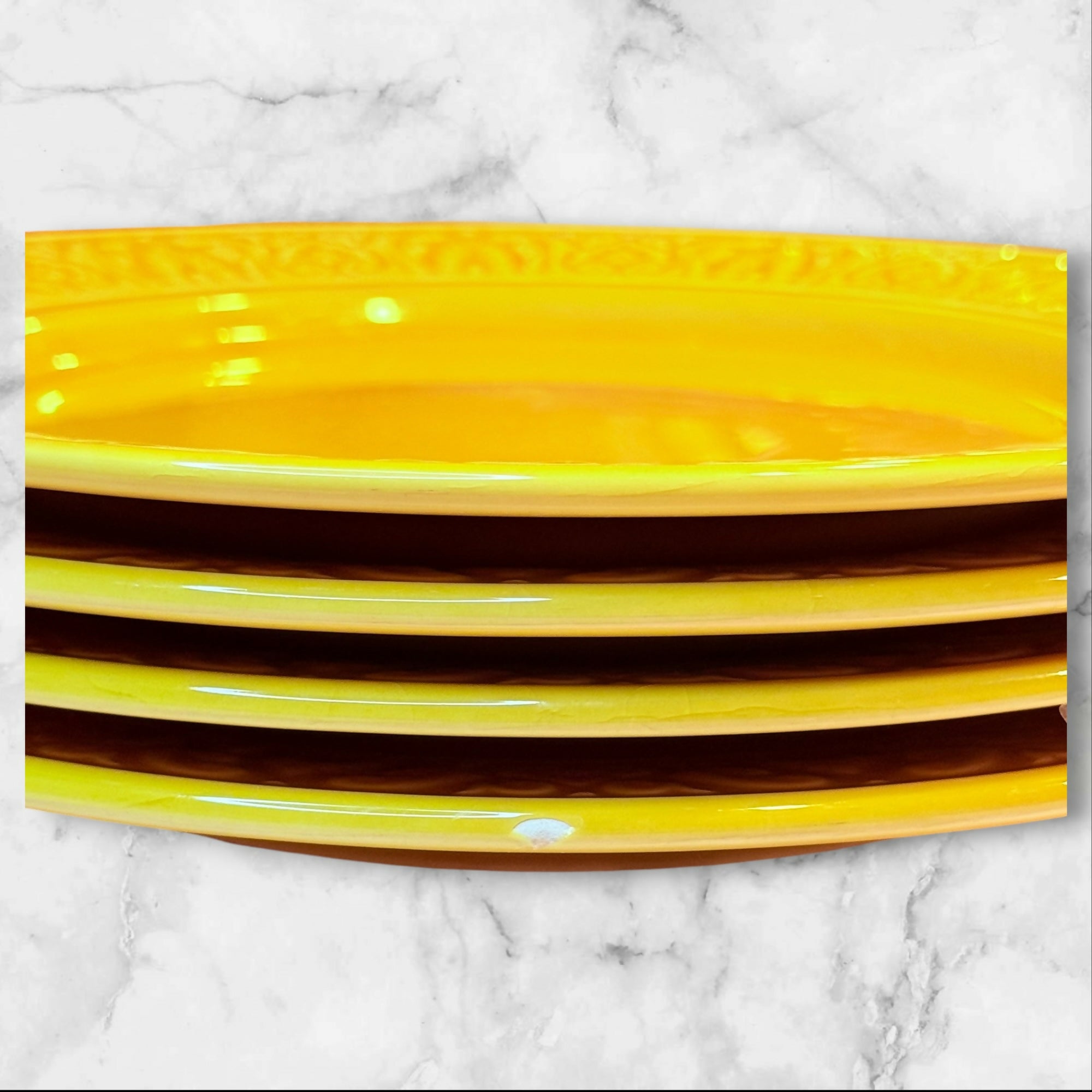 World Market Embossed Yellow Dinner Plates Set of 4 | Good Condition