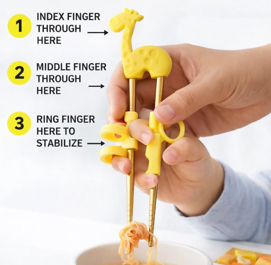 Anygleam Yellow Gold Giraffe Chopsticks – 1 Pair | Reusable Stainless Steel Cartoon Kids Utensils