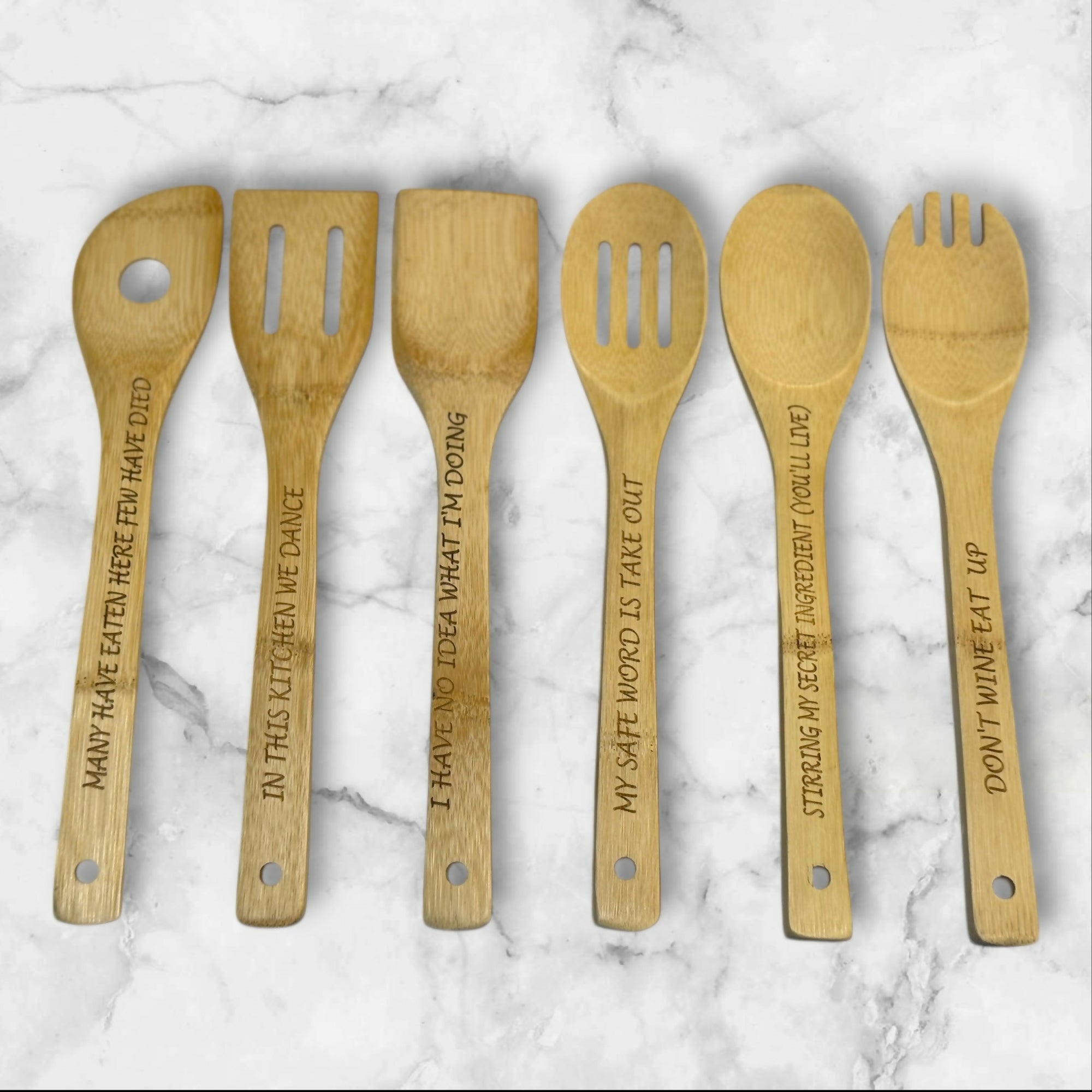 Bamboo Kitchen Utensil Set Engraved Wood Tools | Set of 6 | New No Box