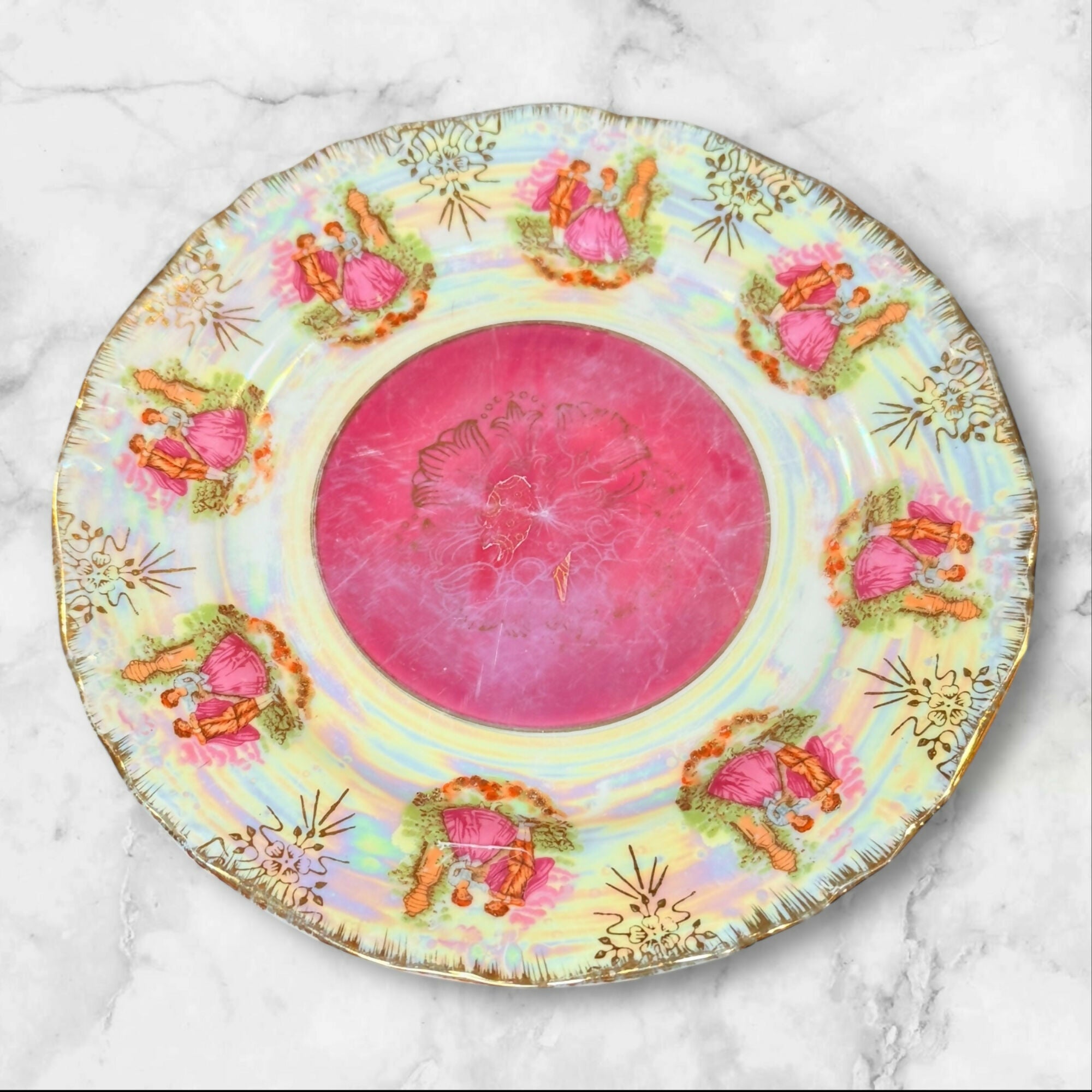 Vintage Japanese Lustreware Courting Couple Salad Plates | Set of 4 | Good Condition