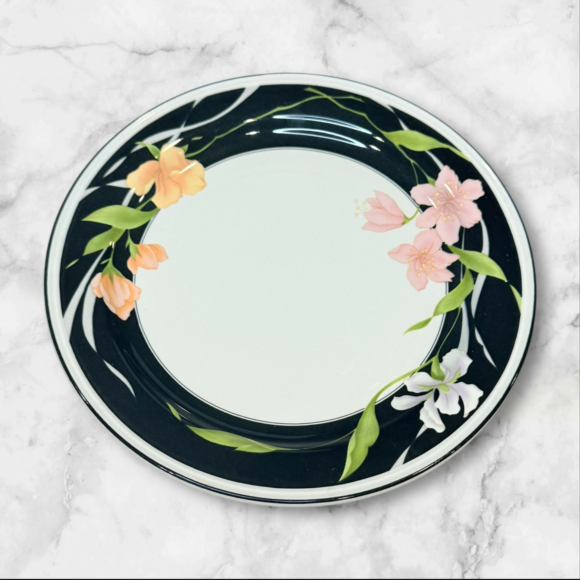 Sango Memories Dinner Plates Set of 4 Floral Black Rim EUC