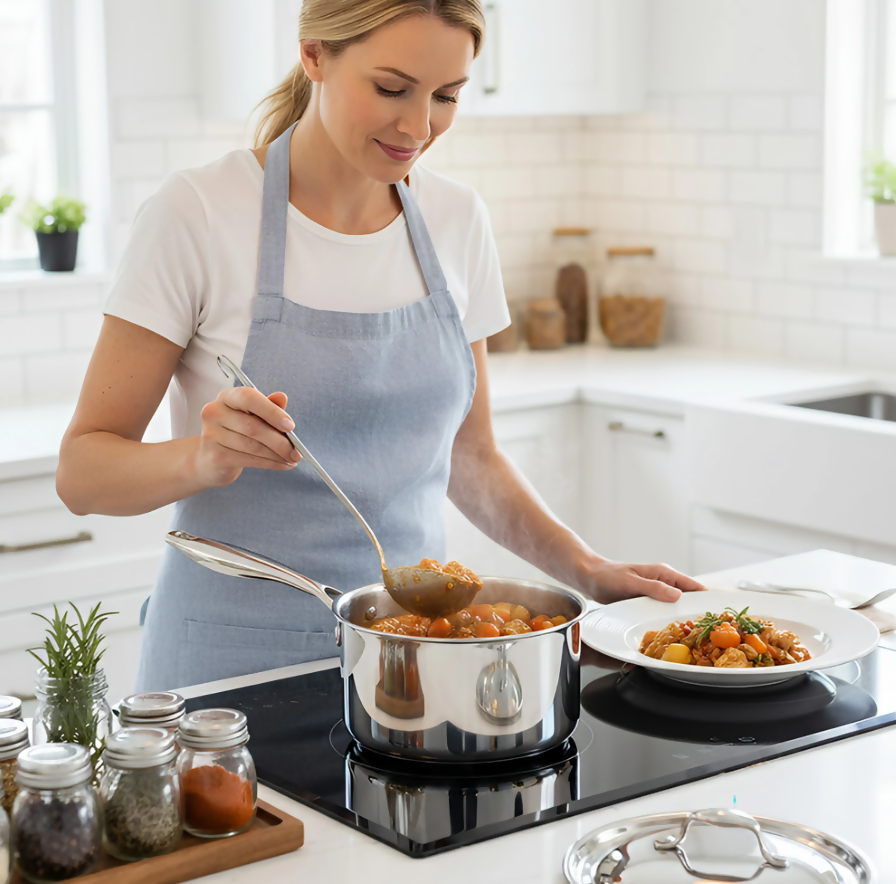 Anygleam Silver 304 Stainless Steel Saucepan – Small Milk & Soup Pot with Lid, Long Handle, Thickened Base, Induction Compatible Dormitory Cookware