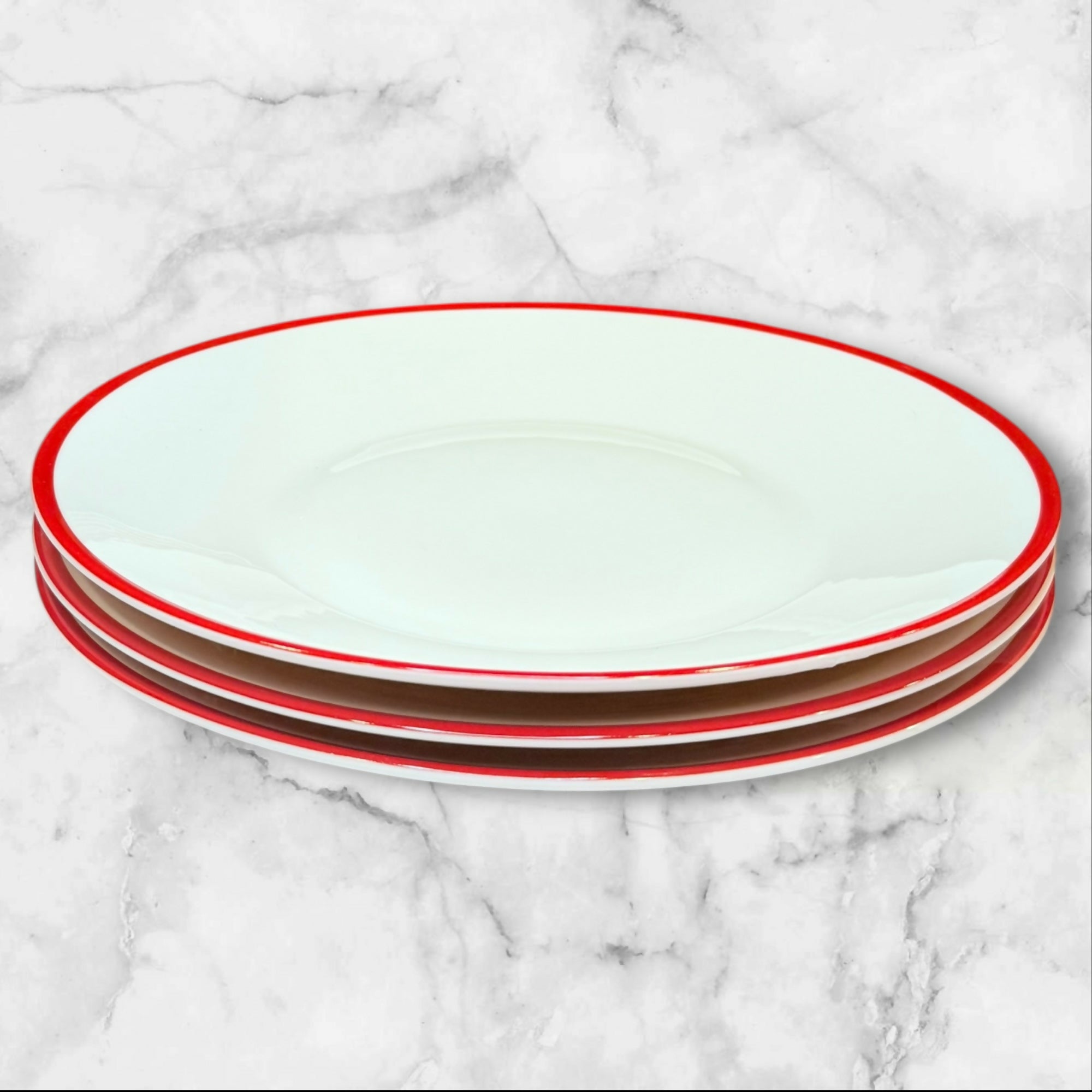 Crate & Barrel White Deep Dinner Plates Red Rim Round | Set of 3 | Excellent
