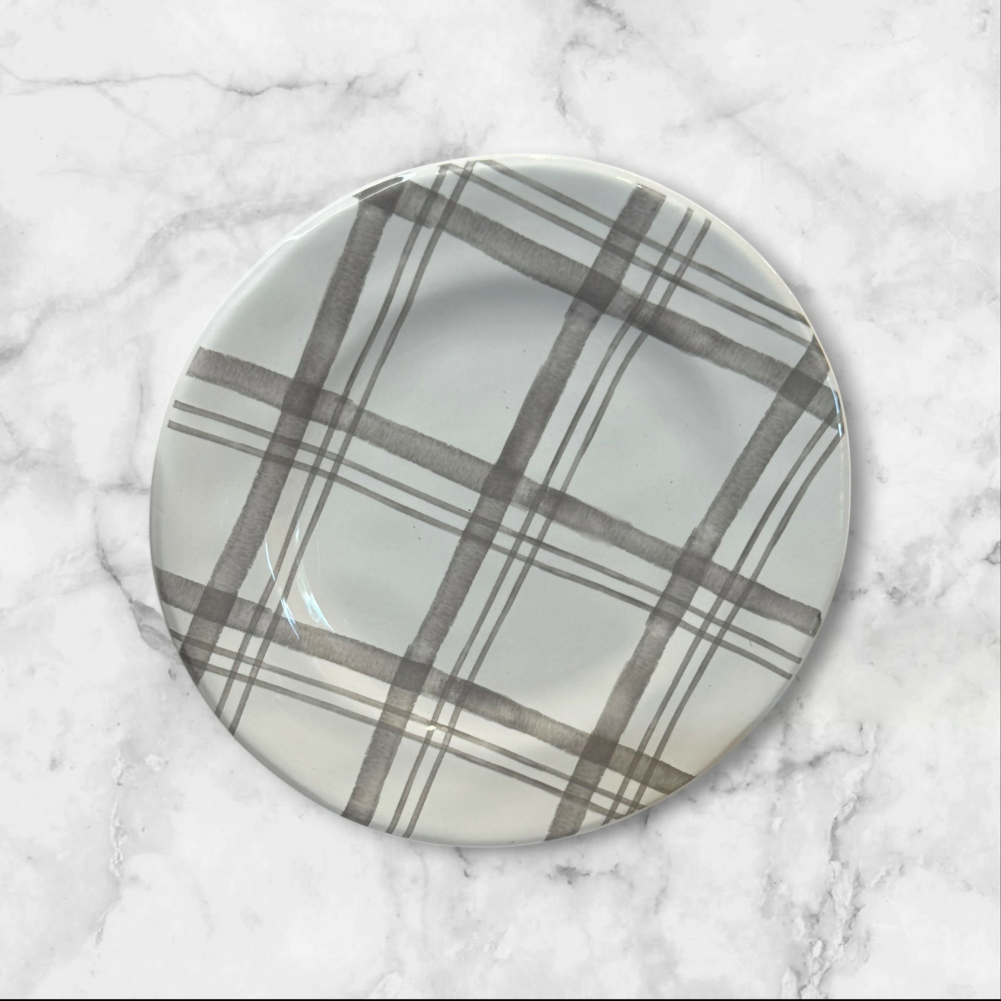 Pier 1 Linen Gray Plaid Salad Plates | Set of 6 | Ironstone | Excellent Condition