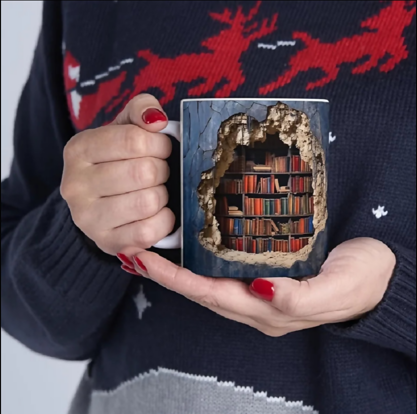 ANYGLEAM Coffee Mug Blue 3D Bookshelf Print Ceramic Drinkware