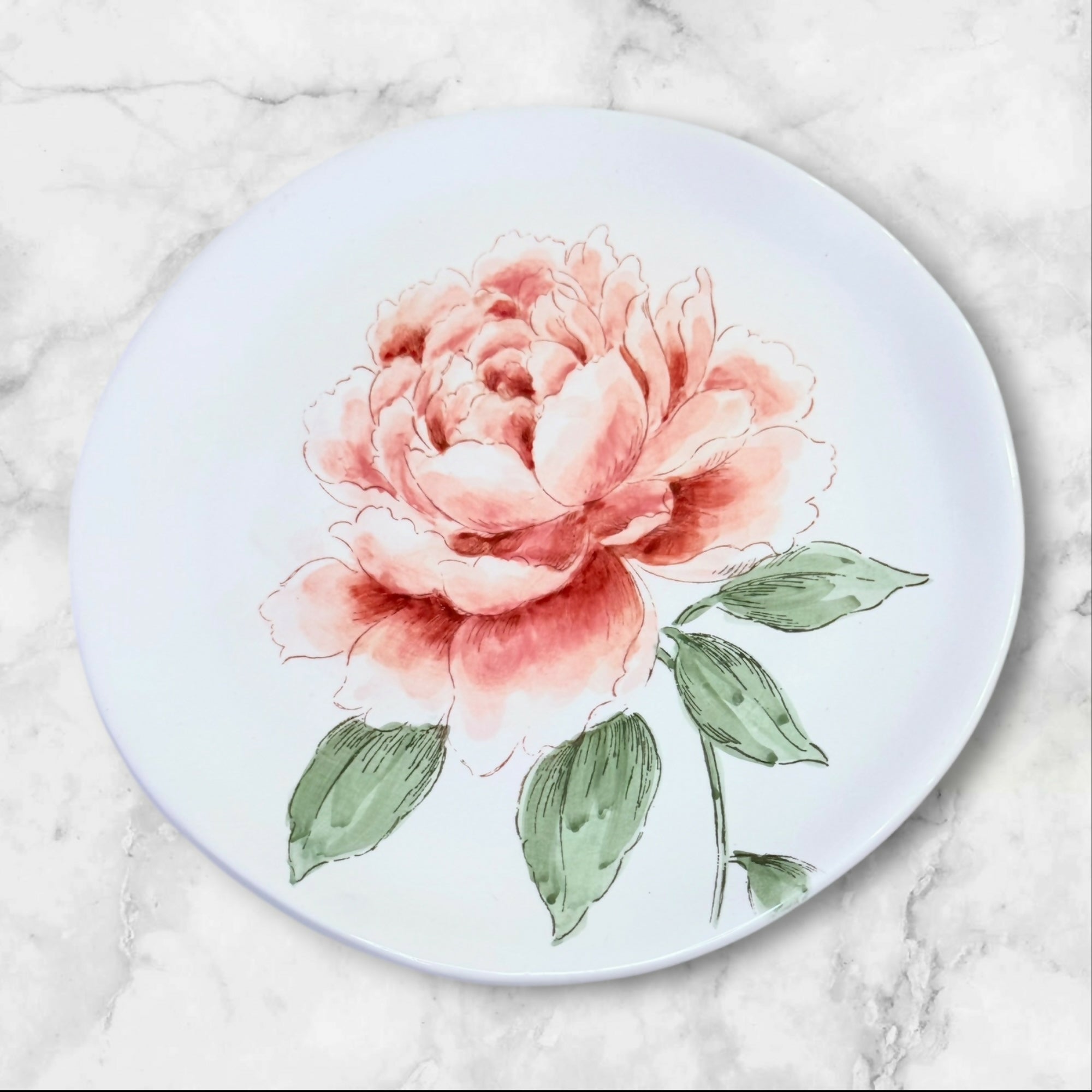 Pink Peony Floral Salad Plates | Set of 4 | Botanical Stoneware | Excellent Condition