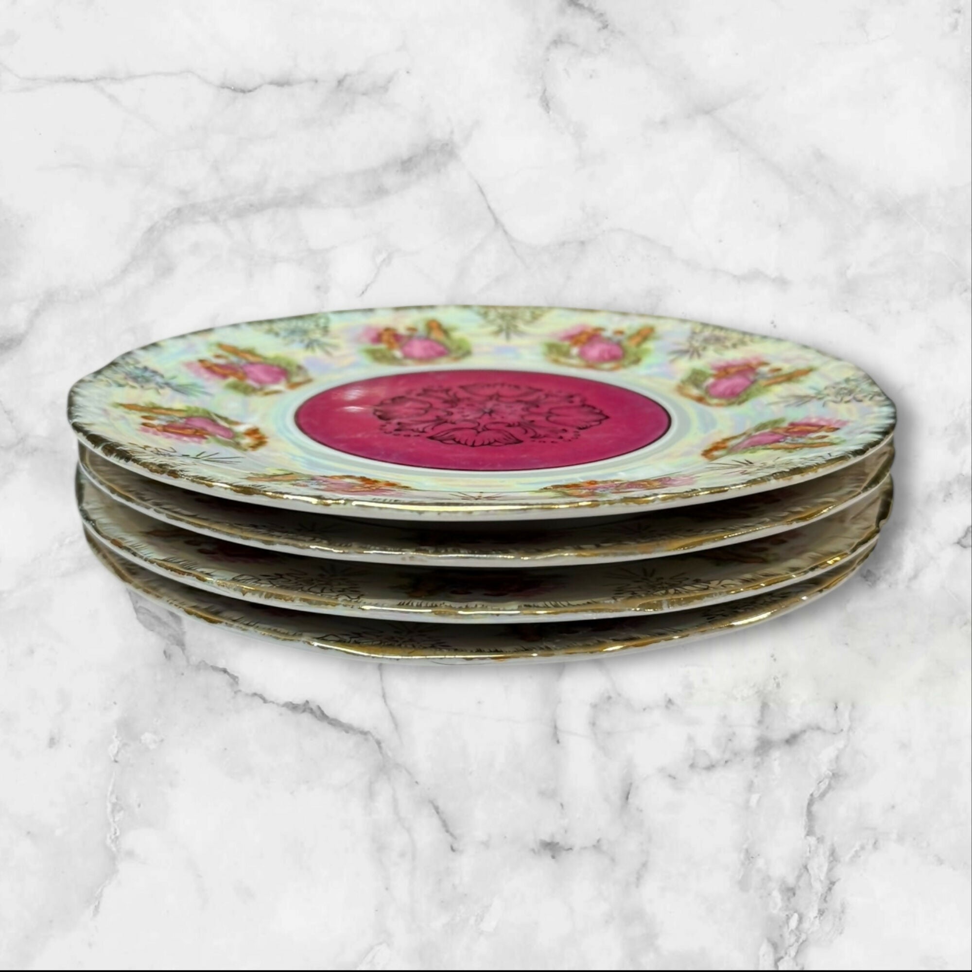 Vintage Japanese Lustreware Courting Couple Salad Plates | Set of 4 | Good Condition