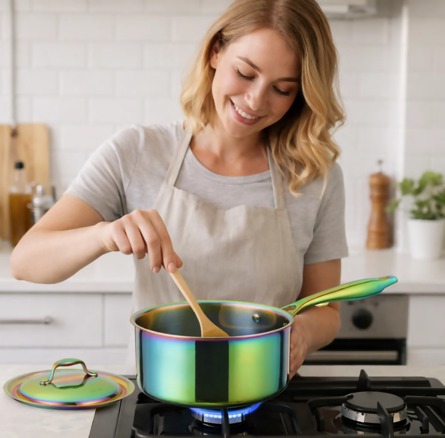 Anygleam Rainbow 304 Stainless Steel Saucepan – Small Milk & Soup Pot with Lid, Long Handle, Thickened Base, Induction Compatible Dormitory Cookware