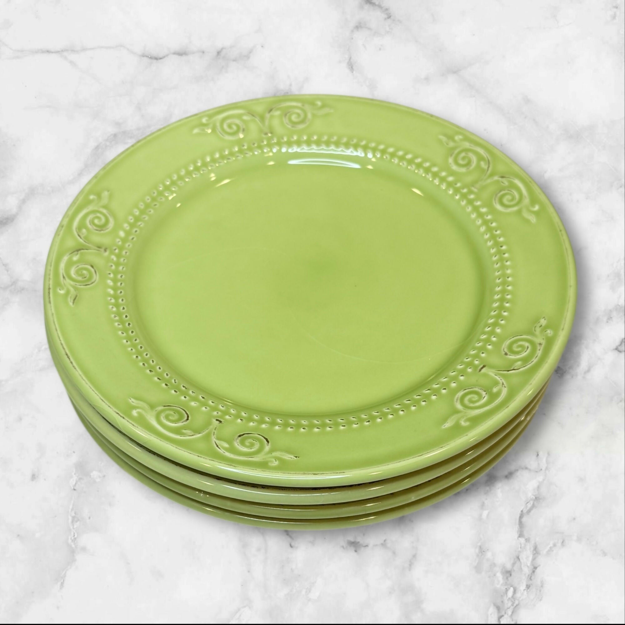 Matceramica Green Scroll Salad Plates | Portuguese Stoneware | Set of 4 | Excellent