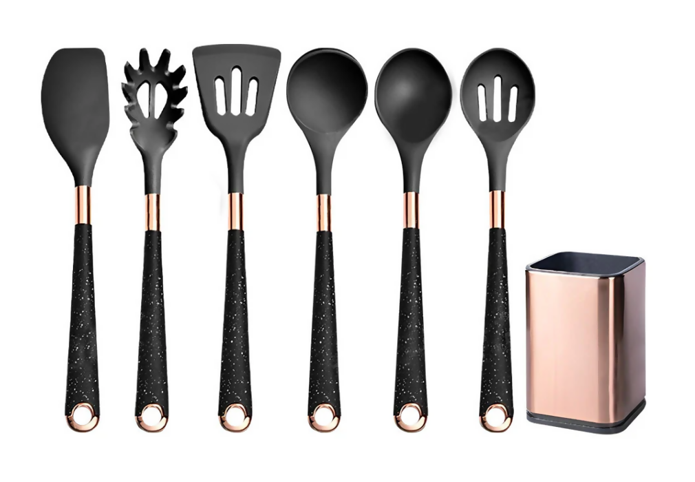 Anygleam Kitchen Utensils Non-stick Black 6 Set Gold Plated Handle with Support Point and Storage Box Cooking Tool Accessories Heat Resistant Kitchenware