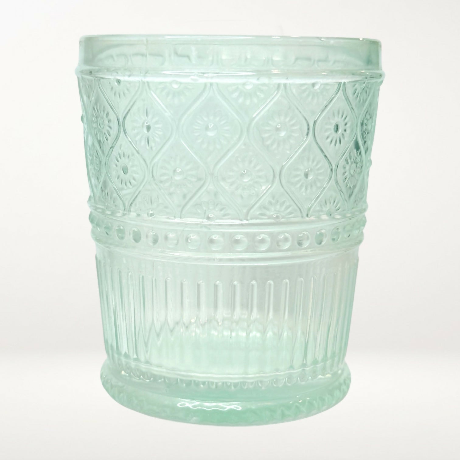 Aqua Embossed Glass Tumblers Set of 4 Vintage Style Drinking Glasses 4”
