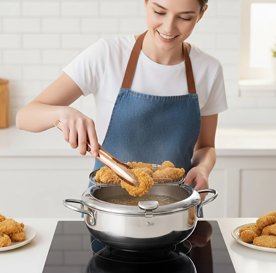 Anygleam Frying Pan Silver Stainless Steel Thermometer Kitchen Utensils Tempura Fryer Pan Temperature Control Fried Cooking Tools