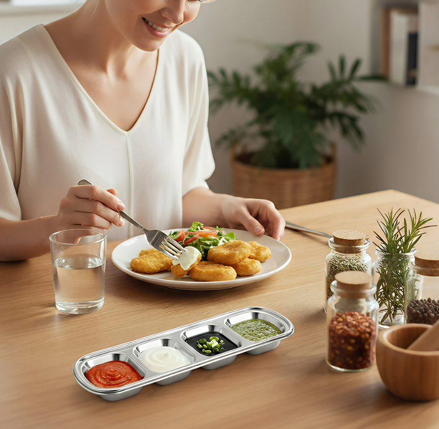 Anygleam Silver Stainless Steel 4-Grid Sauce Dish – Seasoning & Dipping Plates for Kitchenware