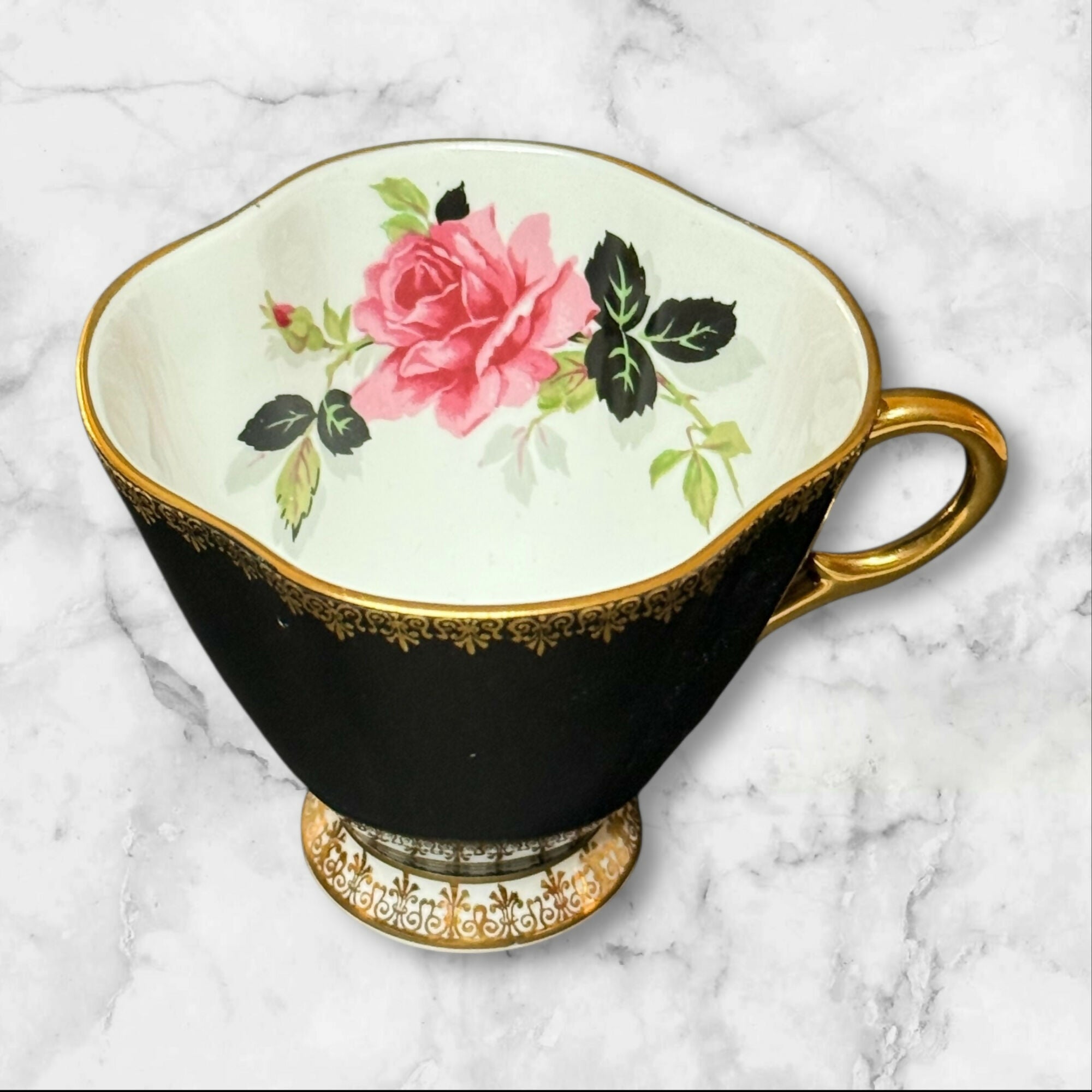 Clarence & Royal Albert Bone China Teacup & Saucer | Black Floral Mix | England