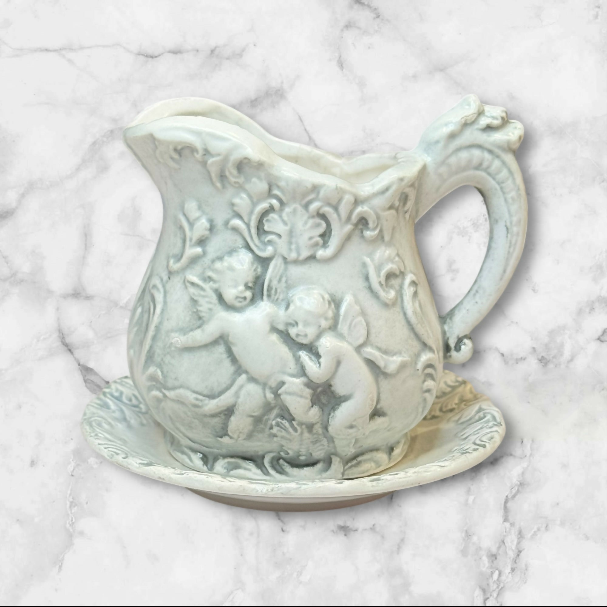 Rossini Japan Cherub Teapot Creamer Set | Gray Glaze | Excellent Vintage