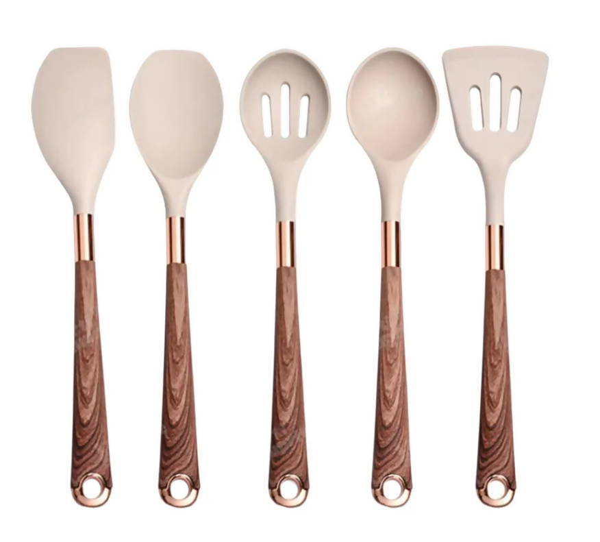 Anygleam Kitchen Utensils Non-stick Brown 5 Set Gold Plated Handle with Support Point Cooking Tool Accessories Heat Resistant Kitchenware